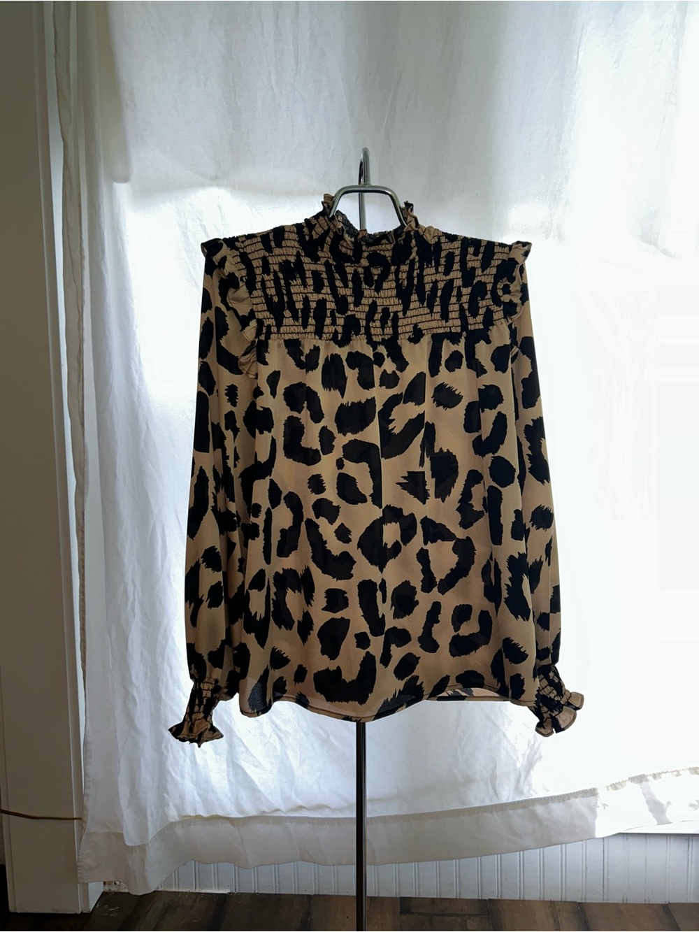 Frank Lyman Design Leopard Print Smocked High-Neck Blouse - Black & Tan